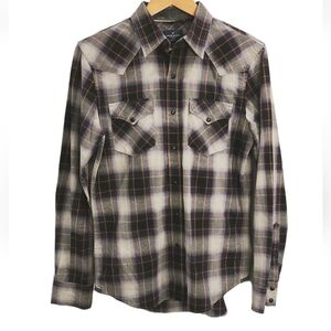 Mens American Eagle Western Snap Brown/Purple Soft Cotton Plaid, Slim Fit Small